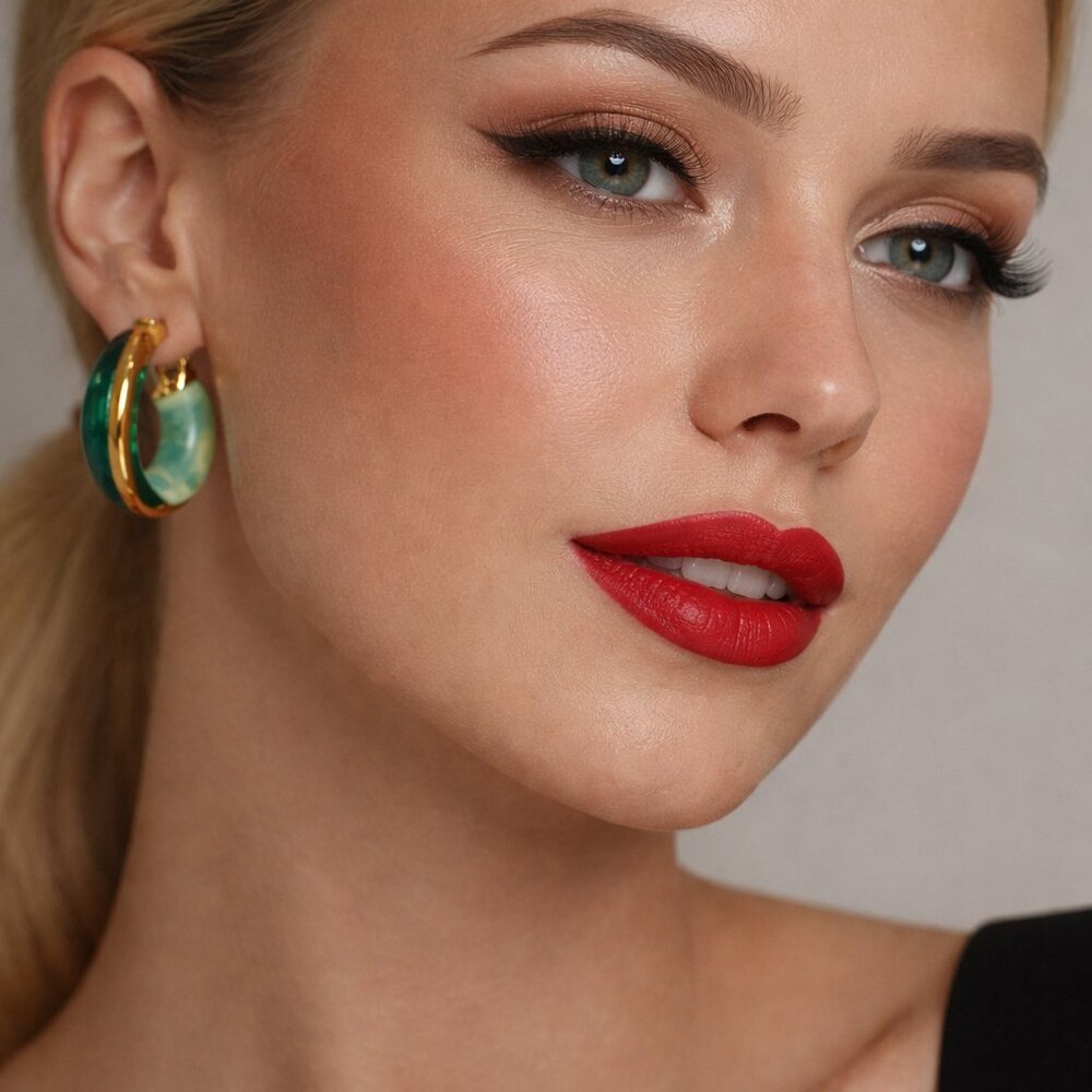 LOFT Green Lucite Hoop Earrings 1” Two-Tone Marble Dark‎ & Light Green Gold Tone